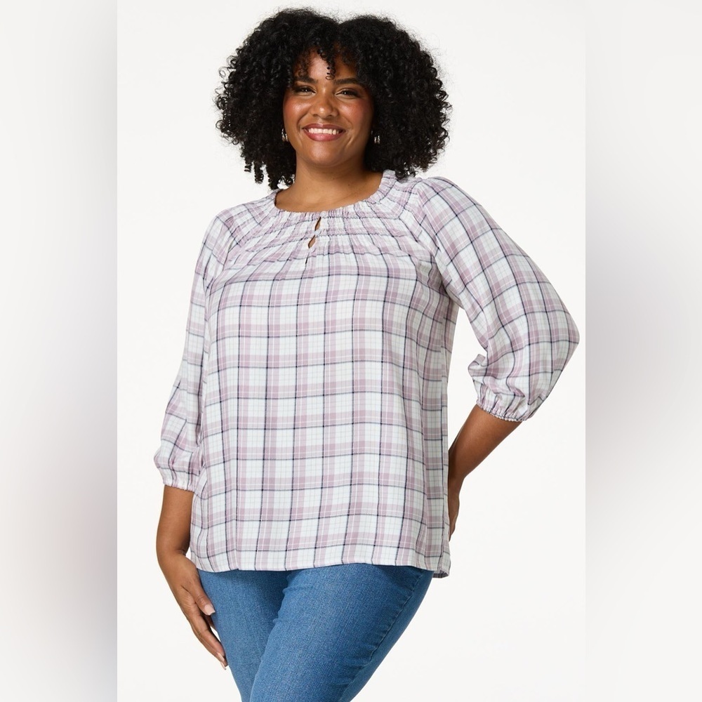 PLUS SIZE PLAID OFF SHOULDER POET TOP SEAFOG SIZE 14/16